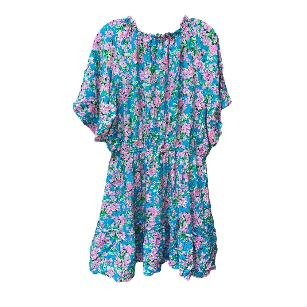 Emily Wonder Blue Pink Floral Split Neck Tassel Mini Dress Plus Size 1X Flutter